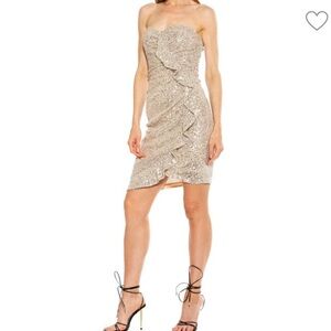 ALEXIA ADMOR Champagne All-Over Sequin Tulip-Hem Ruffle Strapless Sheath Dress S
